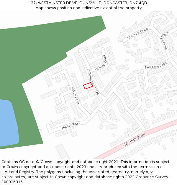 37, WESTMINSTER DRIVE, DUNSVILLE, DONCASTER, DN7 4QB: Location map and indicative extent of plot