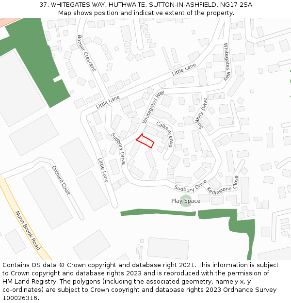 37, WHITEGATES WAY, HUTHWAITE, SUTTON-IN-ASHFIELD, NG17 2SA: Location map and indicative extent of plot