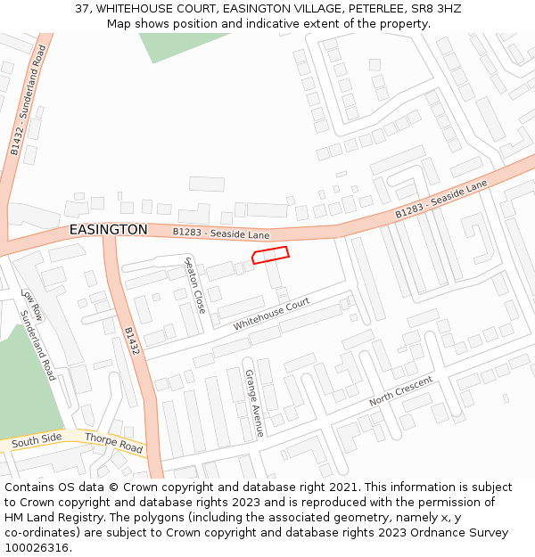 37, WHITEHOUSE COURT, EASINGTON VILLAGE, PETERLEE, SR8 3HZ: Location map and indicative extent of plot