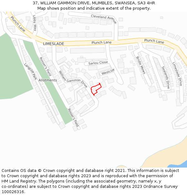 37, WILLIAM GAMMON DRIVE, MUMBLES, SWANSEA, SA3 4HR: Location map and indicative extent of plot