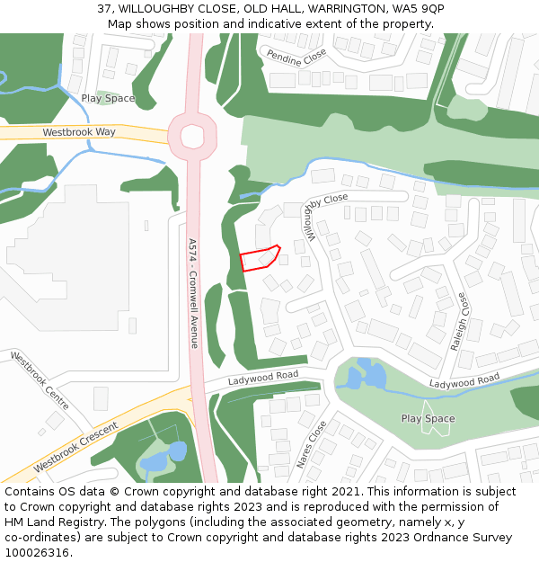 37, WILLOUGHBY CLOSE, OLD HALL, WARRINGTON, WA5 9QP: Location map and indicative extent of plot