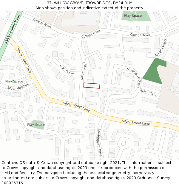 37, WILLOW GROVE, TROWBRIDGE, BA14 0HA: Location map and indicative extent of plot