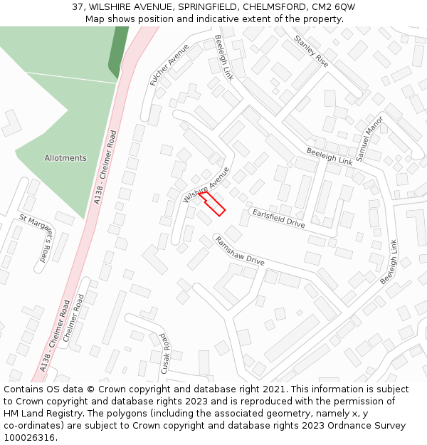 37, WILSHIRE AVENUE, SPRINGFIELD, CHELMSFORD, CM2 6QW: Location map and indicative extent of plot