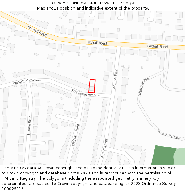 37, WIMBORNE AVENUE, IPSWICH, IP3 8QW: Location map and indicative extent of plot