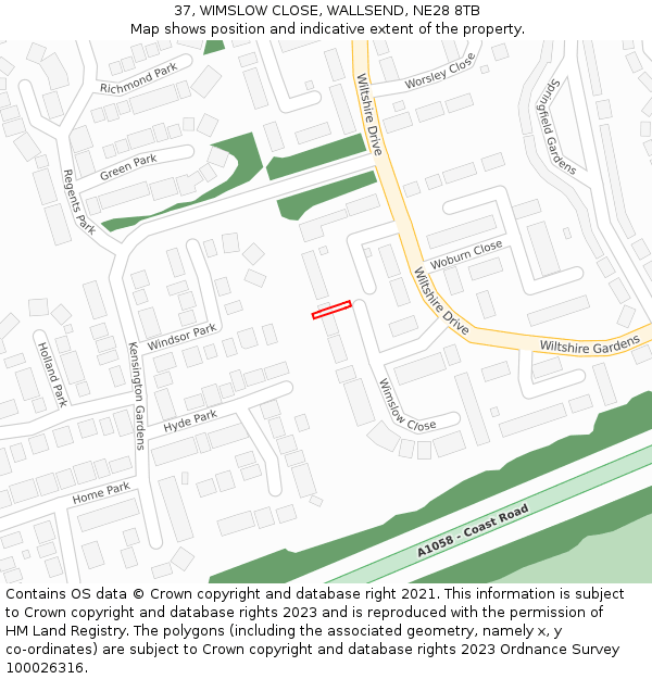 37, WIMSLOW CLOSE, WALLSEND, NE28 8TB: Location map and indicative extent of plot
