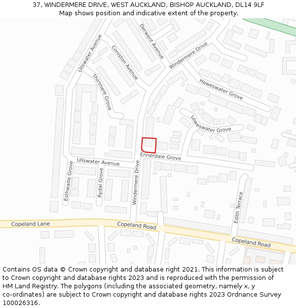 37, WINDERMERE DRIVE, WEST AUCKLAND, BISHOP AUCKLAND, DL14 9LF: Location map and indicative extent of plot