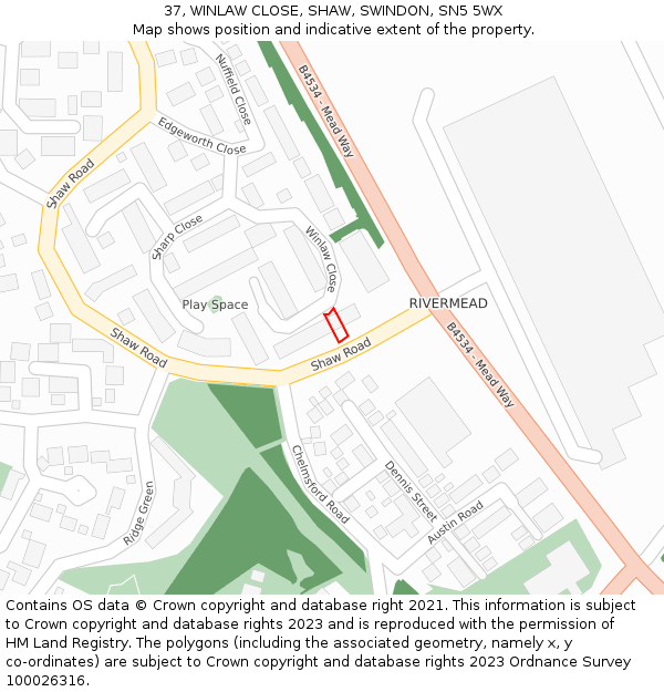 37, WINLAW CLOSE, SHAW, SWINDON, SN5 5WX: Location map and indicative extent of plot