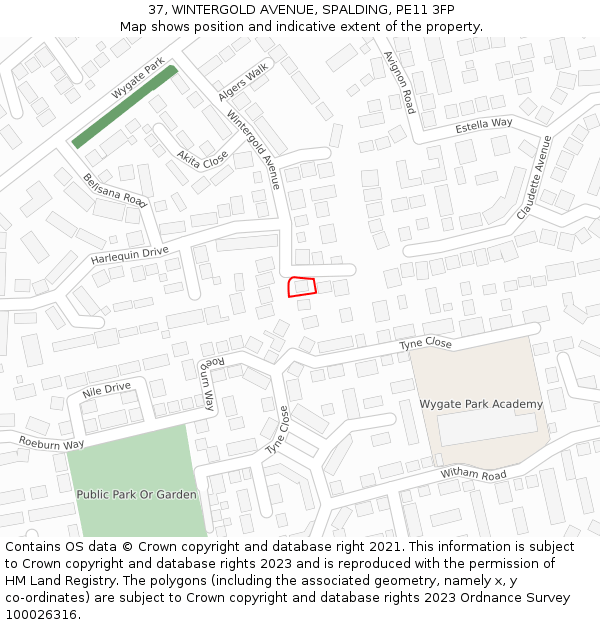 37, WINTERGOLD AVENUE, SPALDING, PE11 3FP: Location map and indicative extent of plot