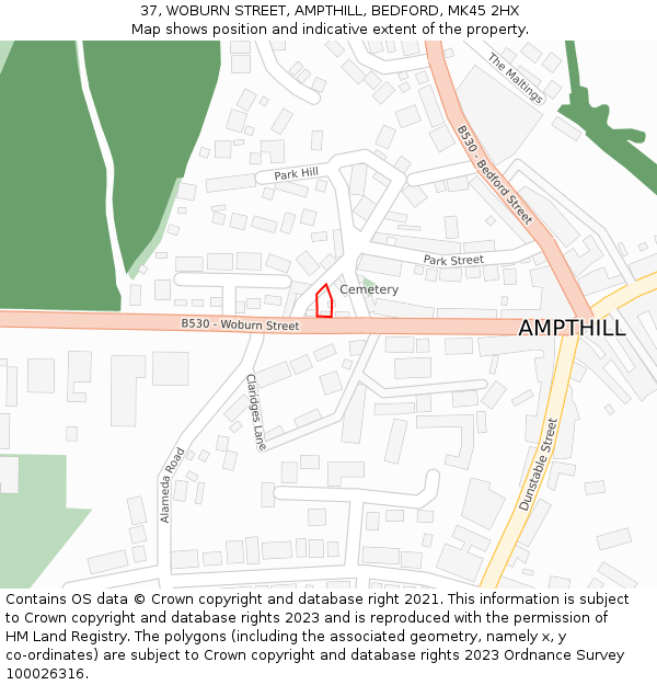 37, WOBURN STREET, AMPTHILL, BEDFORD, MK45 2HX: Location map and indicative extent of plot