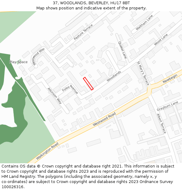 37, WOODLANDS, BEVERLEY, HU17 8BT: Location map and indicative extent of plot