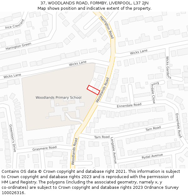 37, WOODLANDS ROAD, FORMBY, LIVERPOOL, L37 2JN: Location map and indicative extent of plot