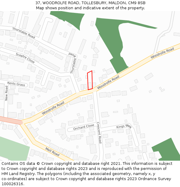 37, WOODROLFE ROAD, TOLLESBURY, MALDON, CM9 8SB: Location map and indicative extent of plot