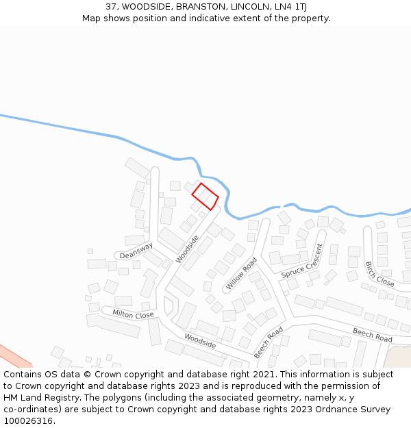 37, WOODSIDE, BRANSTON, LINCOLN, LN4 1TJ: Location map and indicative extent of plot