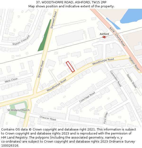 37, WOODTHORPE ROAD, ASHFORD, TW15 2RP: Location map and indicative extent of plot