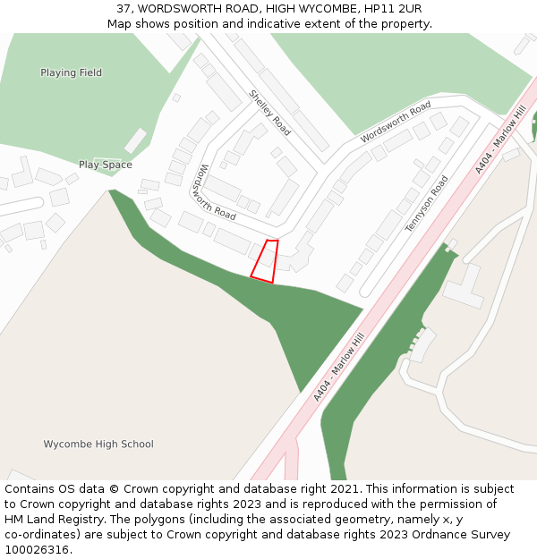 37, WORDSWORTH ROAD, HIGH WYCOMBE, HP11 2UR: Location map and indicative extent of plot