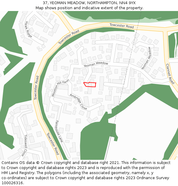 37, YEOMAN MEADOW, NORTHAMPTON, NN4 9YX: Location map and indicative extent of plot