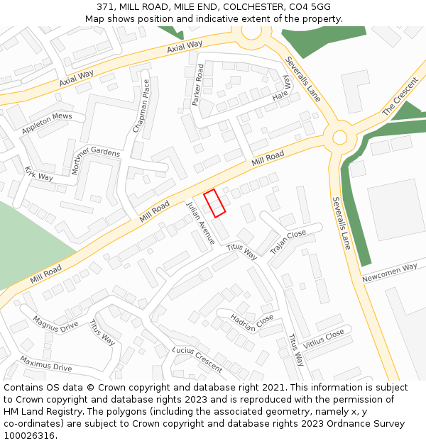 371, MILL ROAD, MILE END, COLCHESTER, CO4 5GG: Location map and indicative extent of plot