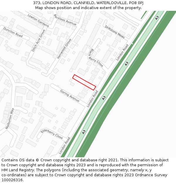 373, LONDON ROAD, CLANFIELD, WATERLOOVILLE, PO8 0PJ: Location map and indicative extent of plot