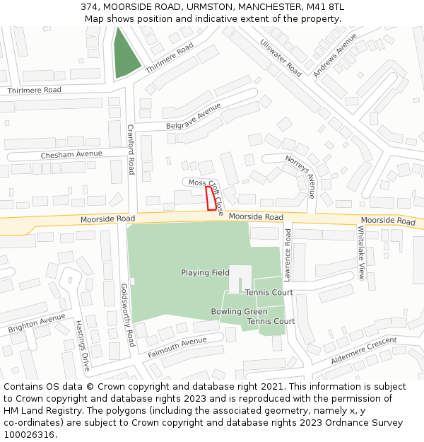 374, MOORSIDE ROAD, URMSTON, MANCHESTER, M41 8TL: Location map and indicative extent of plot