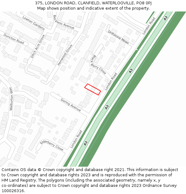 375, LONDON ROAD, CLANFIELD, WATERLOOVILLE, PO8 0PJ: Location map and indicative extent of plot