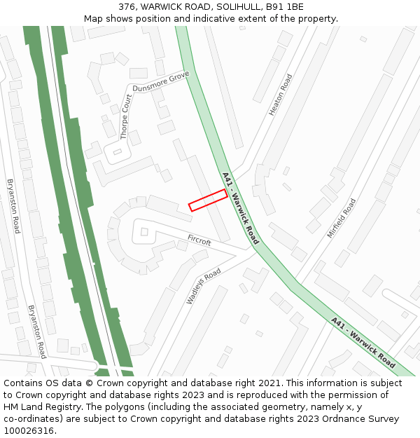 376, WARWICK ROAD, SOLIHULL, B91 1BE: Location map and indicative extent of plot