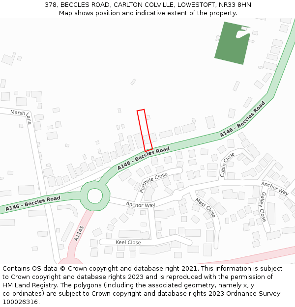 378, BECCLES ROAD, CARLTON COLVILLE, LOWESTOFT, NR33 8HN: Location map and indicative extent of plot