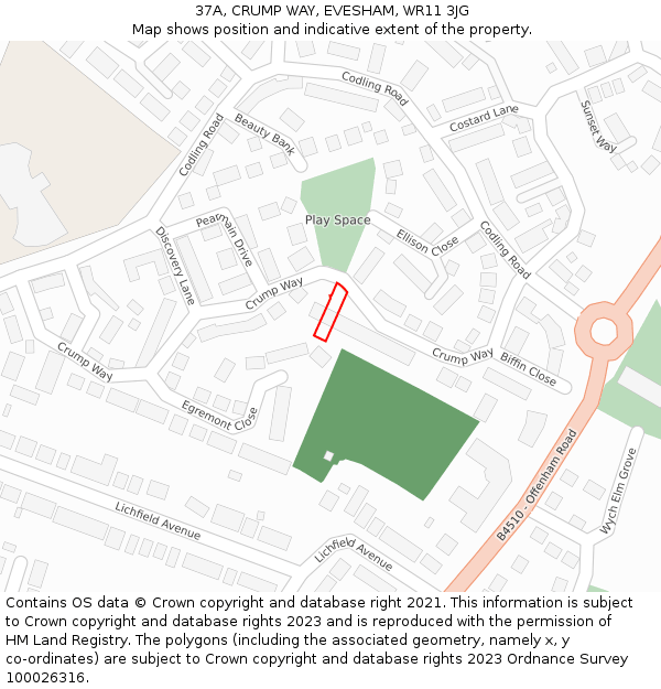37A, CRUMP WAY, EVESHAM, WR11 3JG: Location map and indicative extent of plot