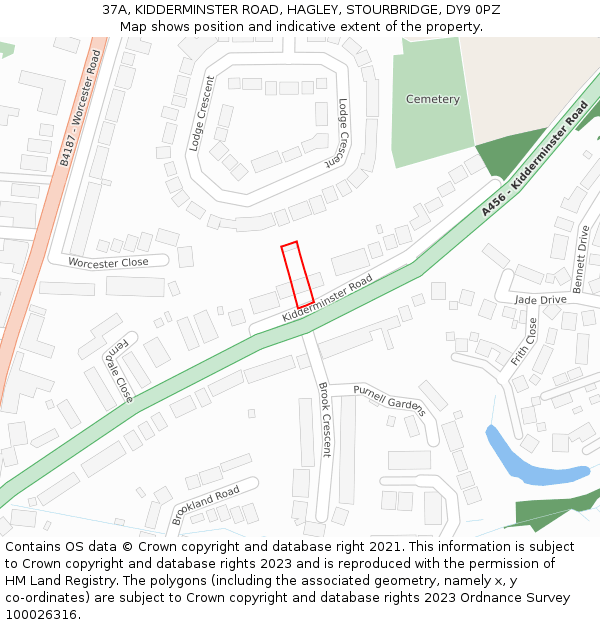 37A, KIDDERMINSTER ROAD, HAGLEY, STOURBRIDGE, DY9 0PZ: Location map and indicative extent of plot