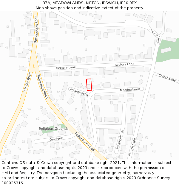 37A, MEADOWLANDS, KIRTON, IPSWICH, IP10 0PX: Location map and indicative extent of plot