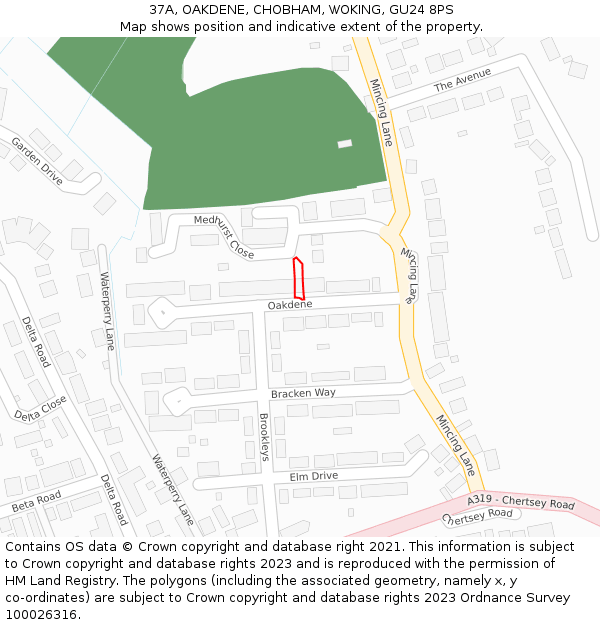 37A, OAKDENE, CHOBHAM, WOKING, GU24 8PS: Location map and indicative extent of plot