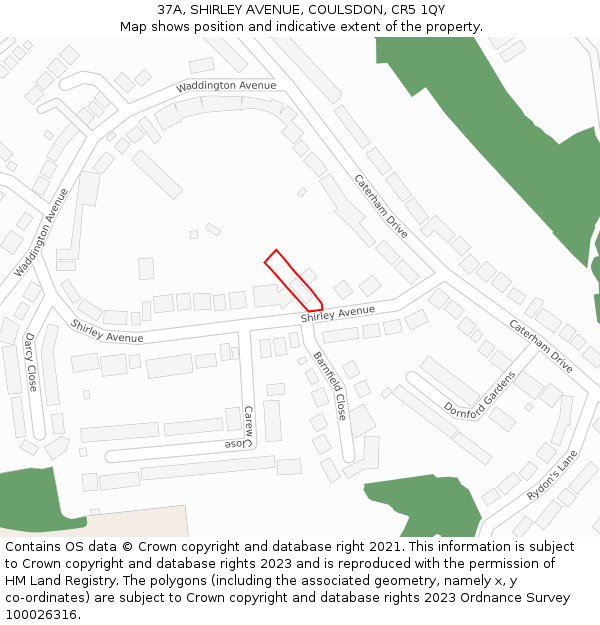 37A, SHIRLEY AVENUE, COULSDON, CR5 1QY: Location map and indicative extent of plot