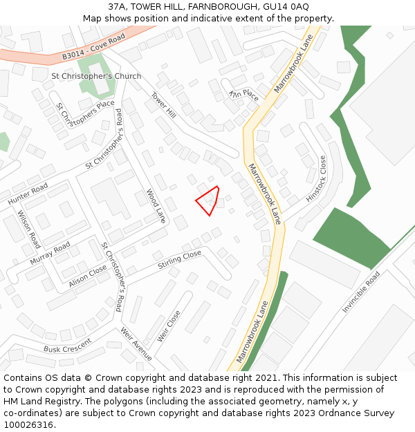 37A, TOWER HILL, FARNBOROUGH, GU14 0AQ: Location map and indicative extent of plot