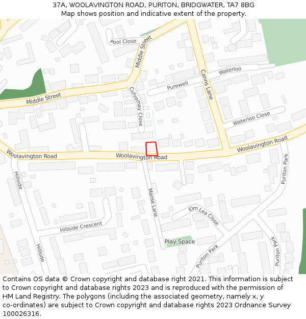 37A, WOOLAVINGTON ROAD, PURITON, BRIDGWATER, TA7 8BG: Location map and indicative extent of plot