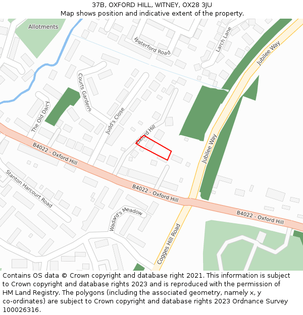 37B, OXFORD HILL, WITNEY, OX28 3JU: Location map and indicative extent of plot