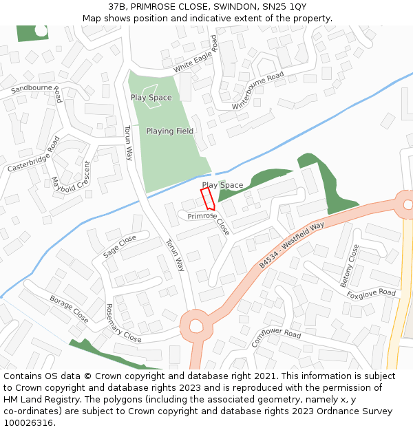 37B, PRIMROSE CLOSE, SWINDON, SN25 1QY: Location map and indicative extent of plot