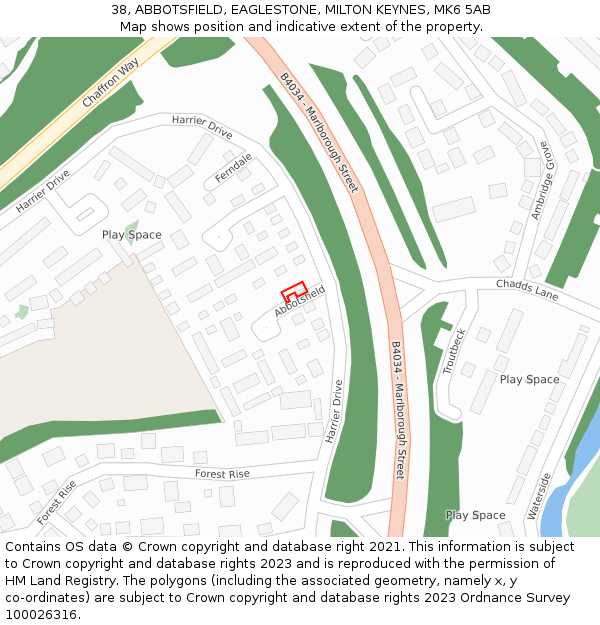 38, ABBOTSFIELD, EAGLESTONE, MILTON KEYNES, MK6 5AB: Location map and indicative extent of plot