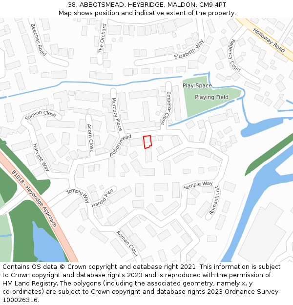 38, ABBOTSMEAD, HEYBRIDGE, MALDON, CM9 4PT: Location map and indicative extent of plot