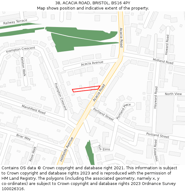 38, ACACIA ROAD, BRISTOL, BS16 4PY: Location map and indicative extent of plot