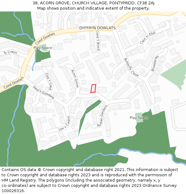 38, ACORN GROVE, CHURCH VILLAGE, PONTYPRIDD, CF38 2AJ: Location map and indicative extent of plot