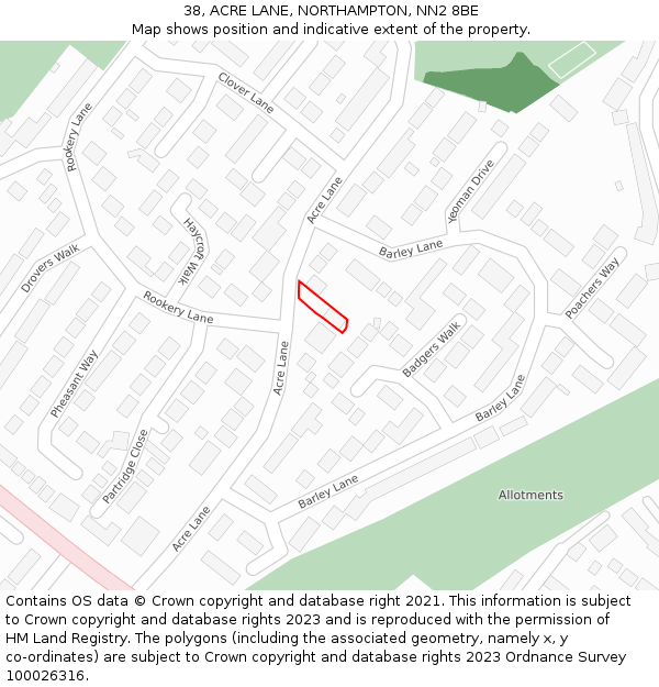 38, ACRE LANE, NORTHAMPTON, NN2 8BE: Location map and indicative extent of plot