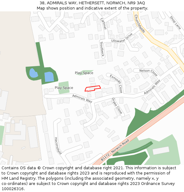38, ADMIRALS WAY, HETHERSETT, NORWICH, NR9 3AQ: Location map and indicative extent of plot