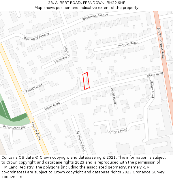 38, ALBERT ROAD, FERNDOWN, BH22 9HE: Location map and indicative extent of plot