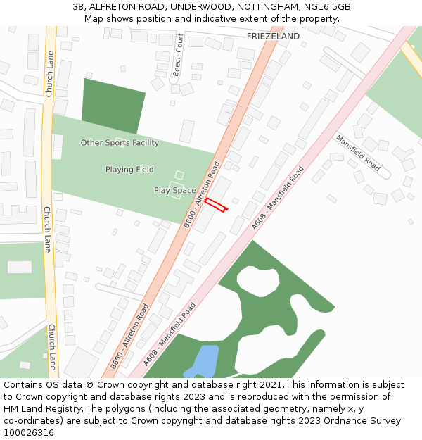 38, ALFRETON ROAD, UNDERWOOD, NOTTINGHAM, NG16 5GB: Location map and indicative extent of plot