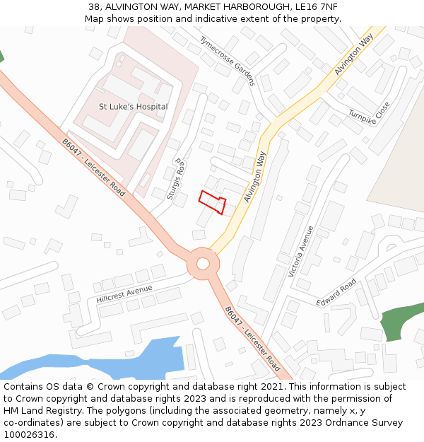 38, ALVINGTON WAY, MARKET HARBOROUGH, LE16 7NF: Location map and indicative extent of plot