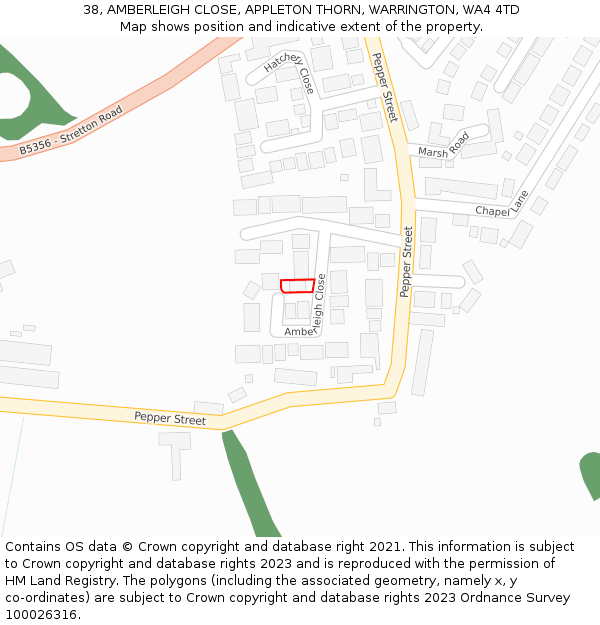 38, AMBERLEIGH CLOSE, APPLETON THORN, WARRINGTON, WA4 4TD: Location map and indicative extent of plot