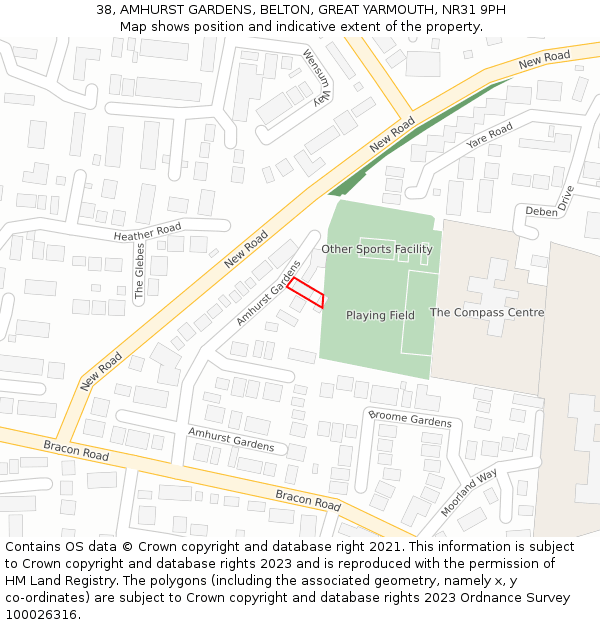 38, AMHURST GARDENS, BELTON, GREAT YARMOUTH, NR31 9PH: Location map and indicative extent of plot