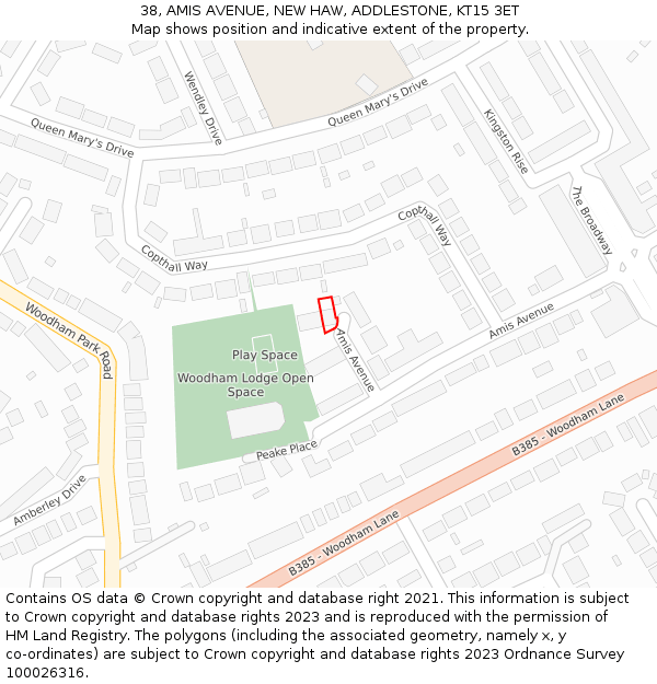 38, AMIS AVENUE, NEW HAW, ADDLESTONE, KT15 3ET: Location map and indicative extent of plot