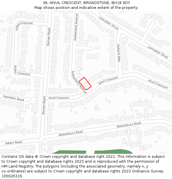 38, ANVIL CRESCENT, BROADSTONE, BH18 9DY: Location map and indicative extent of plot