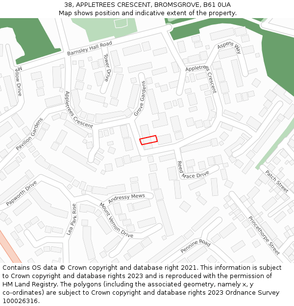 38, APPLETREES CRESCENT, BROMSGROVE, B61 0UA: Location map and indicative extent of plot