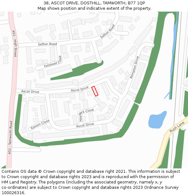 38, ASCOT DRIVE, DOSTHILL, TAMWORTH, B77 1QP: Location map and indicative extent of plot